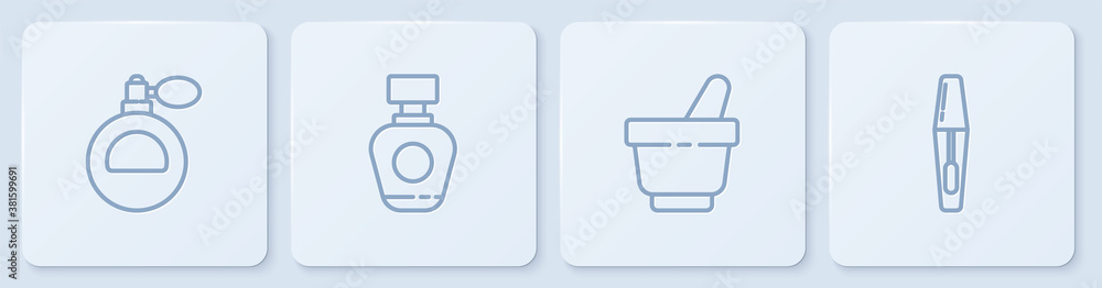 套装香水、研钵和杵，以及睫毛刷。白色方形按钮。矢量。