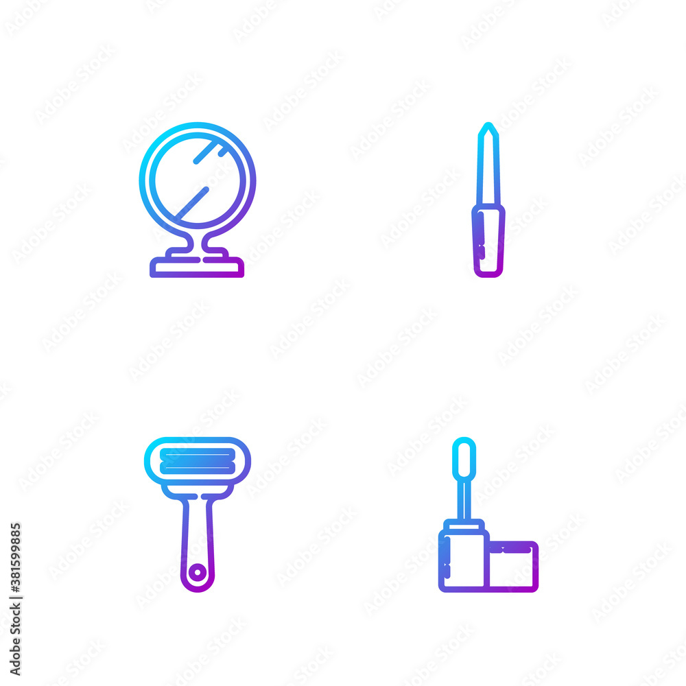 Set line Mascara brush, Shaving razor, Round makeup mirror and Nail file. Gradient color icons. Vect