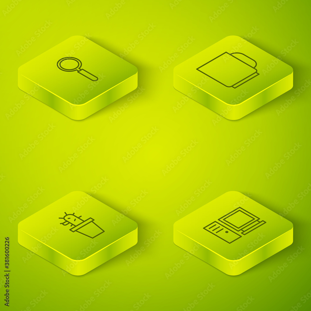 Set Isometric Coffee cup, Cactus and succulent in pot, Computer monitor and Magnifying glass icon. V