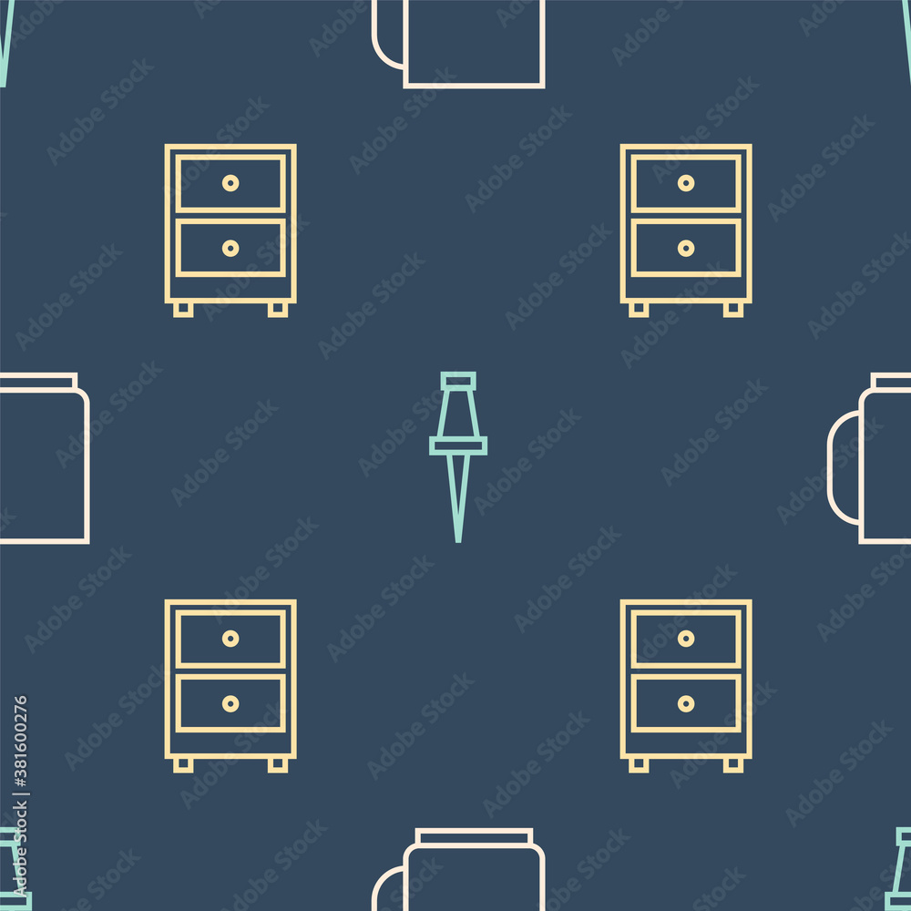 Set line Coffee cup, Drawer with documents and Push pin on seamless pattern. Vector.