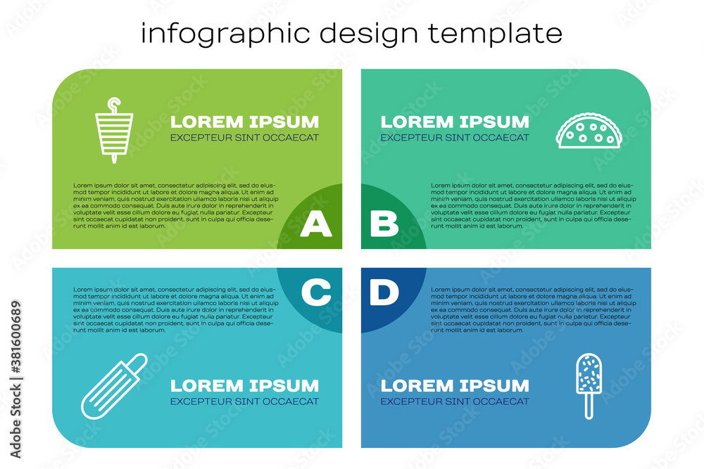 Set line French hot dog, Grilled shish kebab, Ice cream and Taco with tortilla. Business infographic