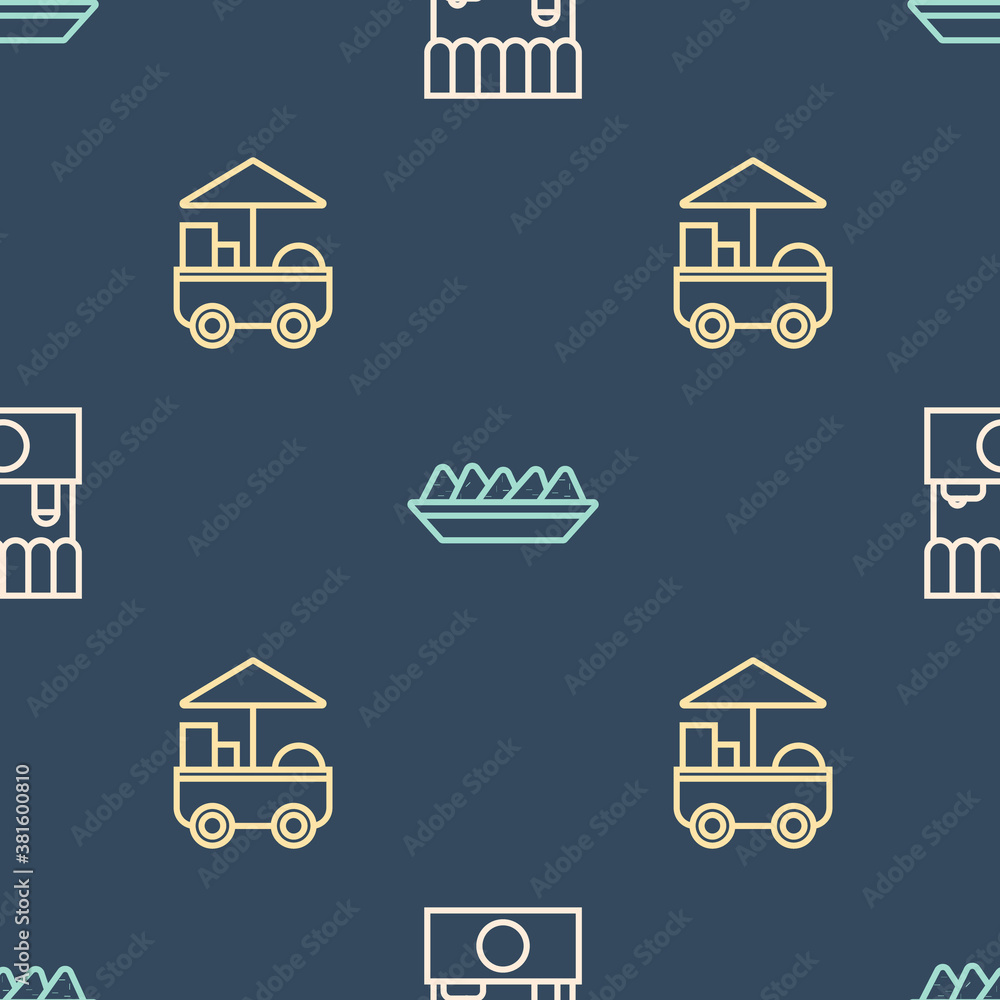 Set line Street stall with awning, Fast street food cart and Nachos plate on seamless pattern. Vecto