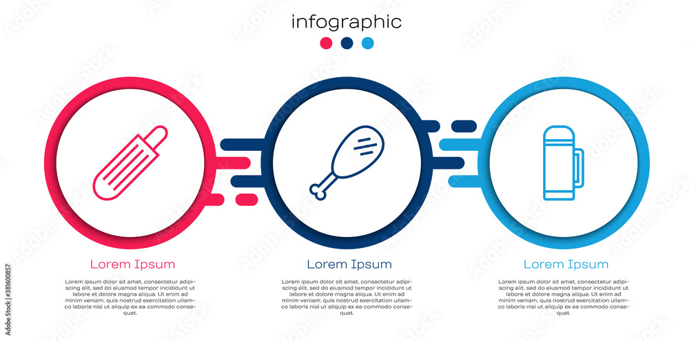 Set line French hot dog, Chicken leg and Thermos container. Business infographic template. Vector.