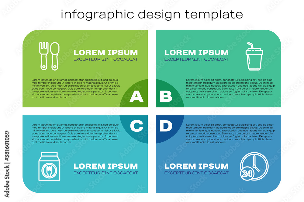 Set line Online ordering and delivery, Fork spoon, Clock 24 hours and Coffee cup to go. Business inf
