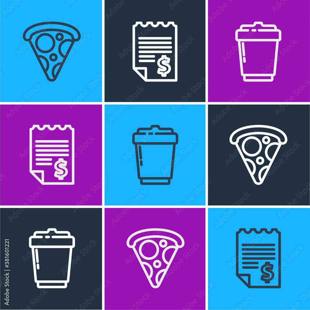 Set line Slice of pizza, Coffee cup to go and Paper or financial check icon. Vector.