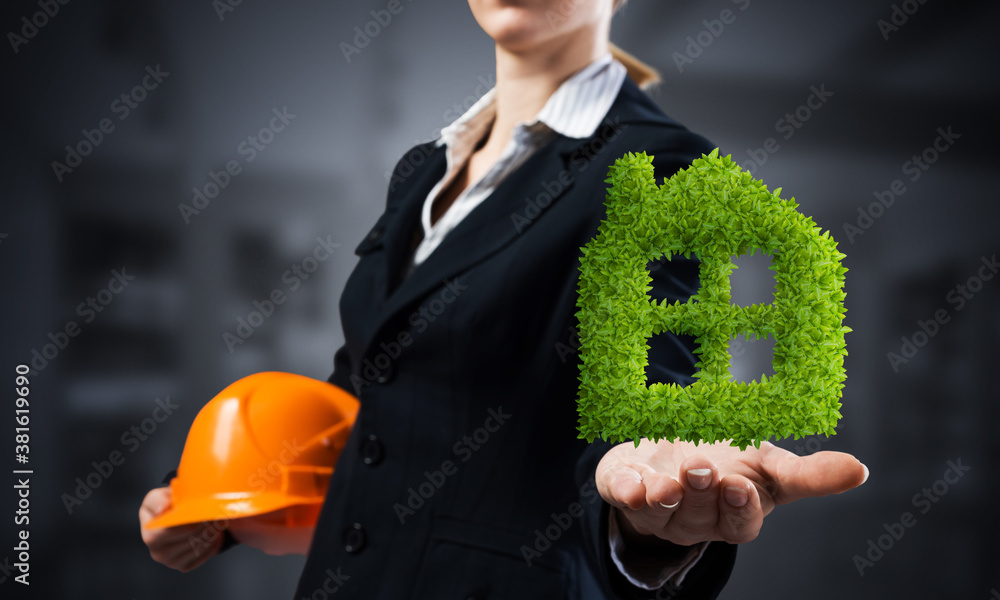 Businesswoman holds in palm green plant house