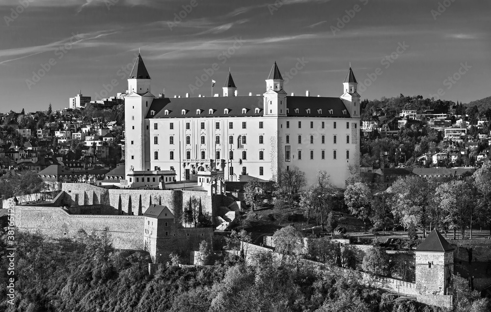 Bratislava castle over Danube river and Bratislava old town, Slovakia