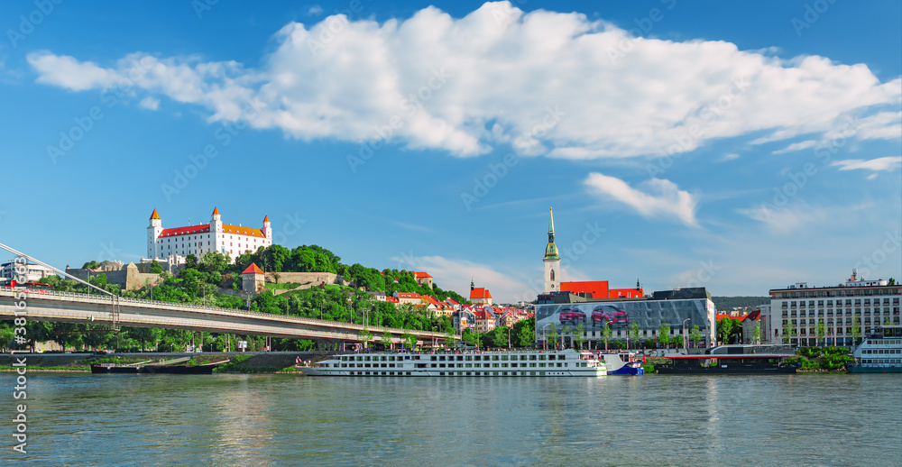 Bratislava castle over Danube river and Bratislava old town, Slovakia