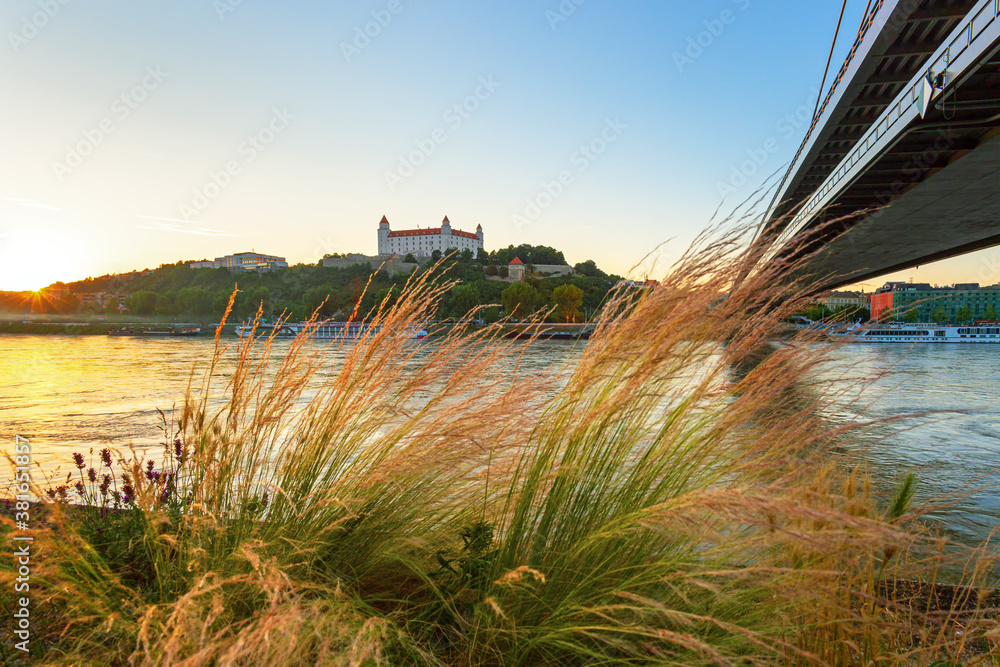 Bratislava castle over Danube river and Bratislava old town, Slovakia