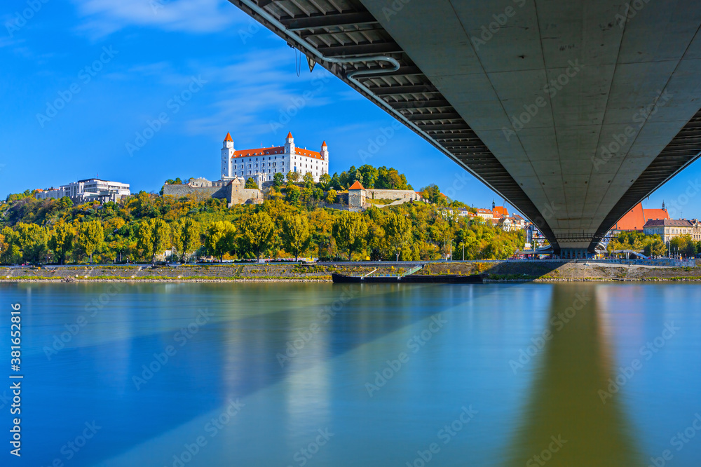 Bratislava castle over Danube river and Bratislava old town, Slovakia