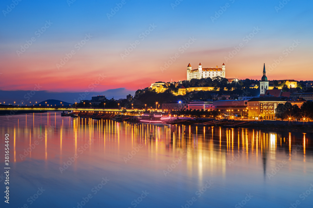 Bratislava castle over Danube river and Bratislava old town, Slovakia