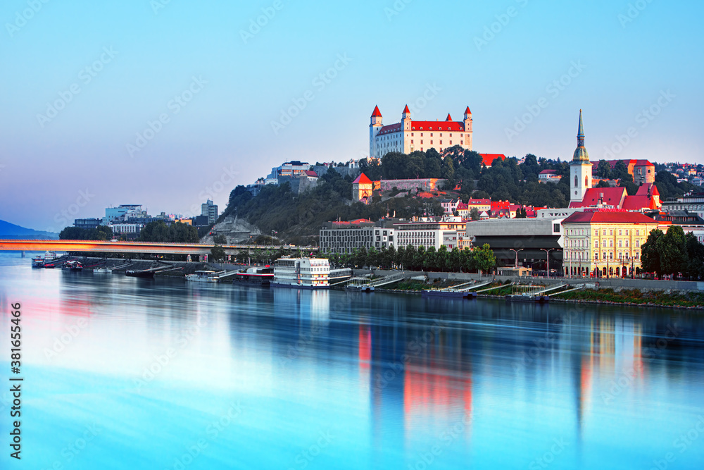 Bratislava castle over Danube river and Bratislava old town, Slovakia