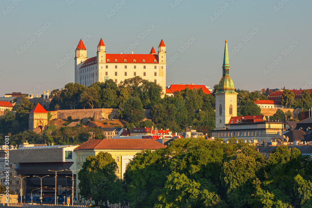 Bratislava castle over Danube river and Bratislava old town, Slovakia