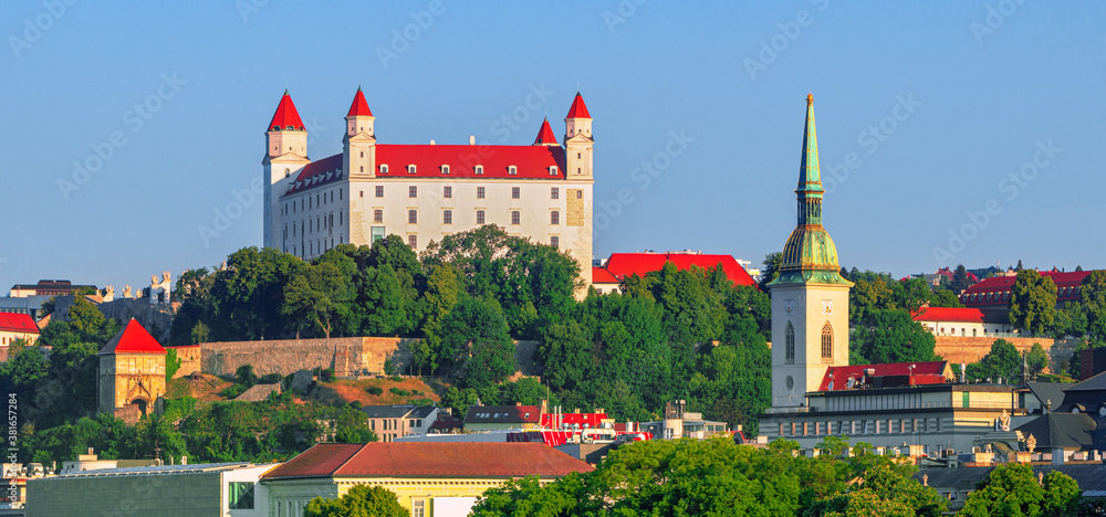 Bratislava castle over Danube river and Bratislava old town, Slovakia