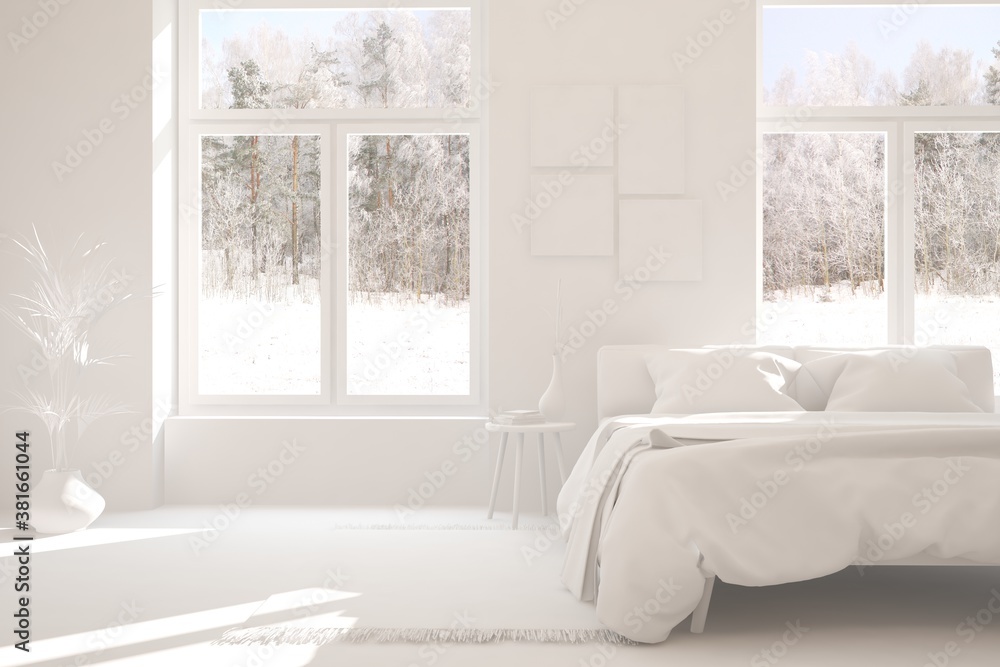 Stylish bedroom in white color with winter landscape in window. Scandinavian interior design. 3D ill