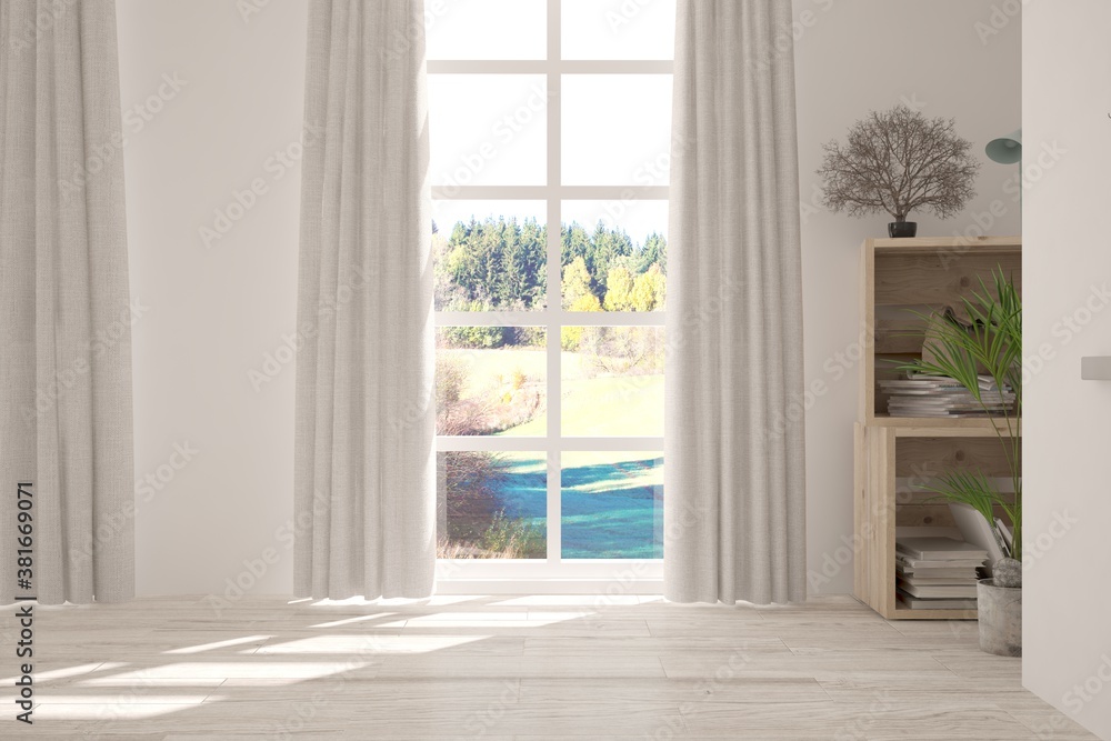 Stylish empty room in white color with autumn landscape in window. Scandinavian interior design. 3D 