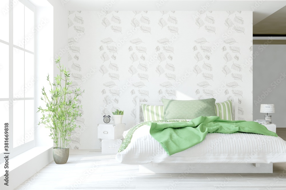 White bedroom interior. Scandinavian design. 3D illustration