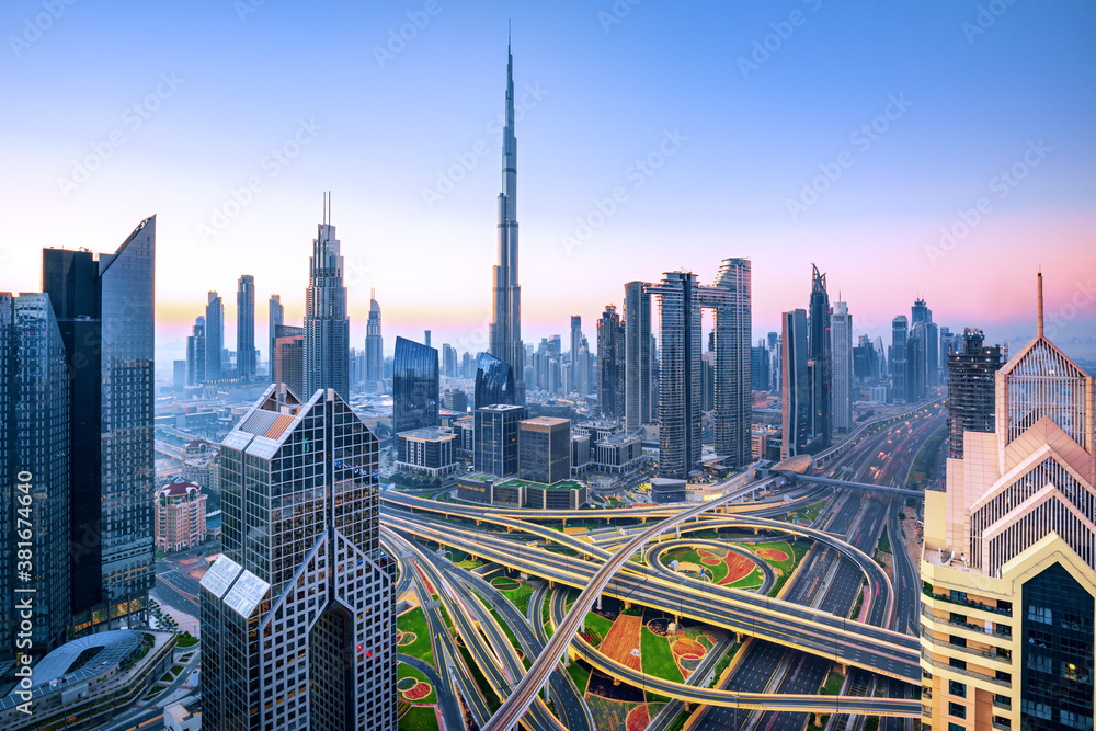 Dubai downtown, amazing city center skyline with luxury skyscrapers, United Arab Emirates