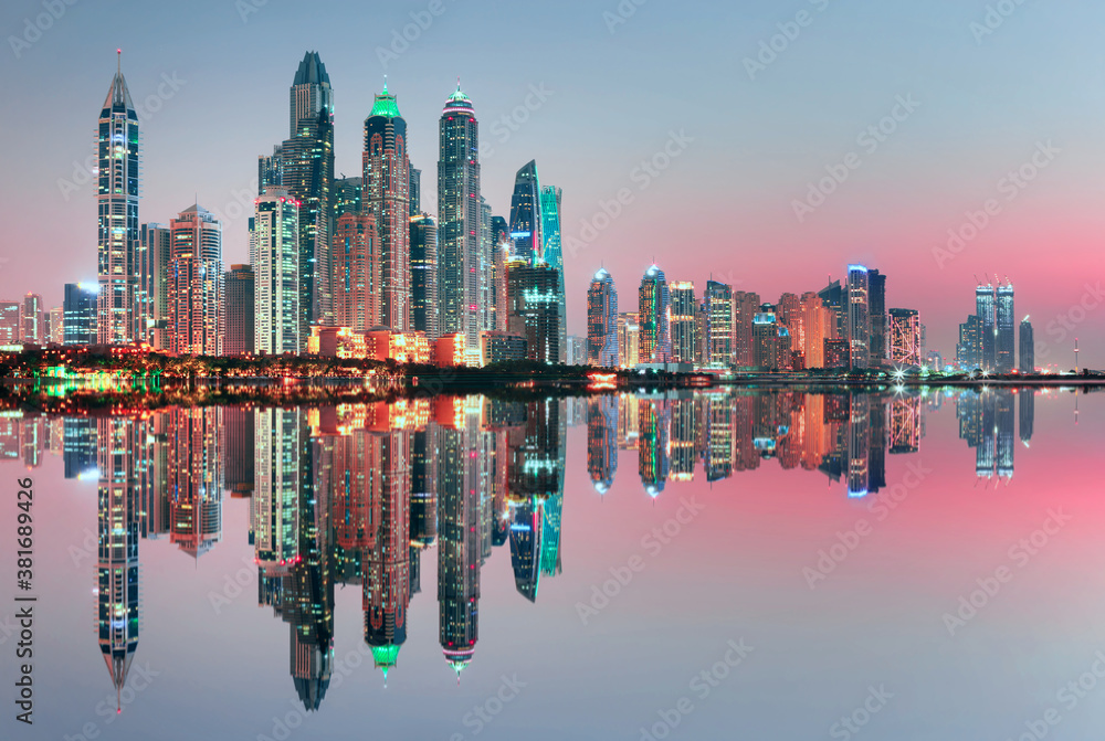 Amazing and Luxury Dubai Marina - famous Jumeirah beach at sunrise, United Arab Emirates
