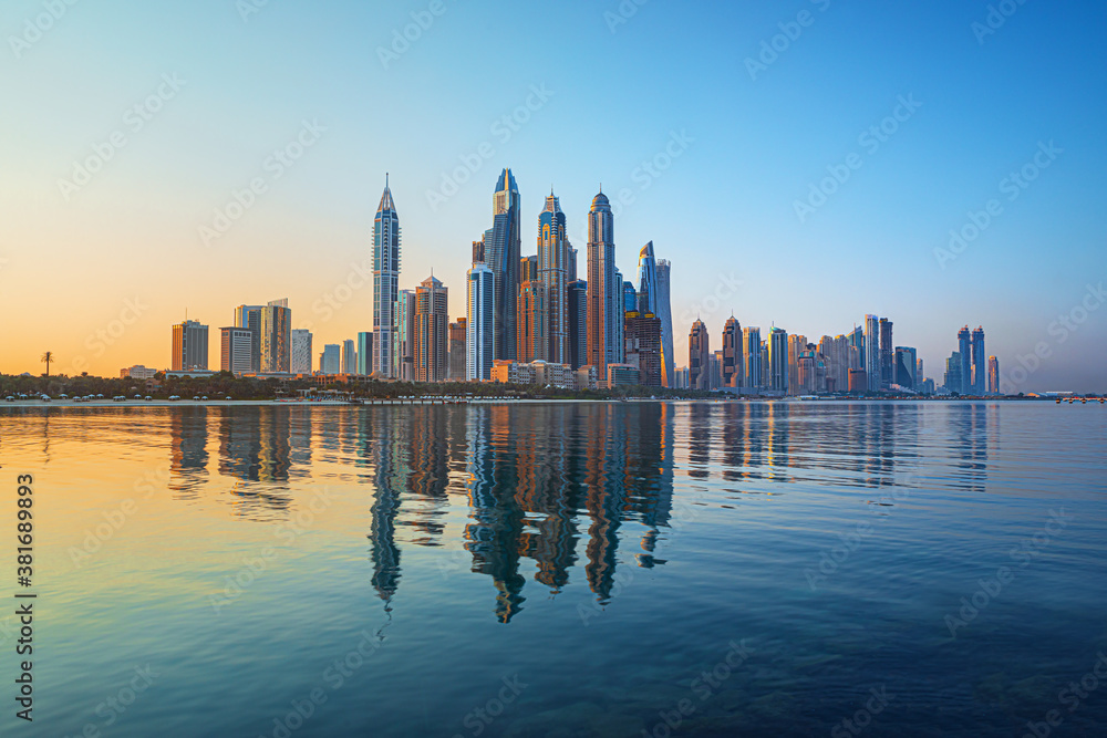 Amazing and Luxury Dubai Marina - famous Jumeirah beach at sunrise, United Arab Emirates
