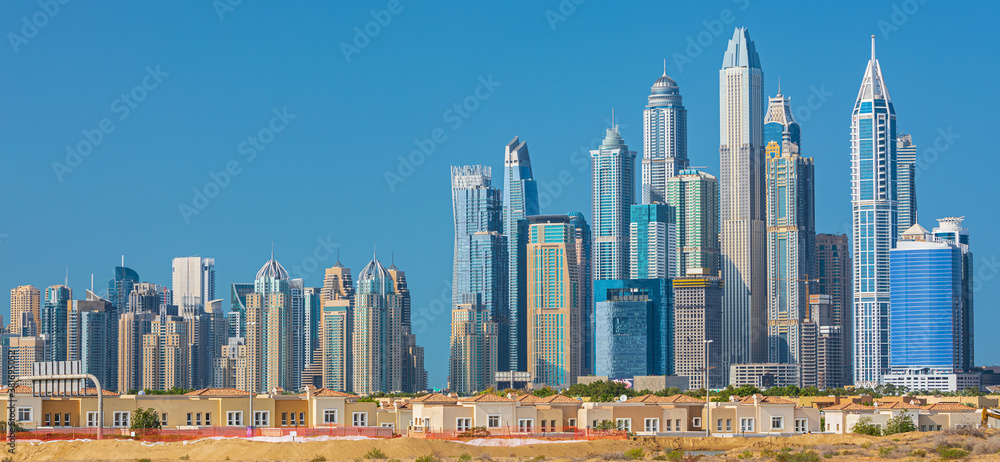 Dubai Marina skyline, yachts and famous promenade, United Arab Emirates