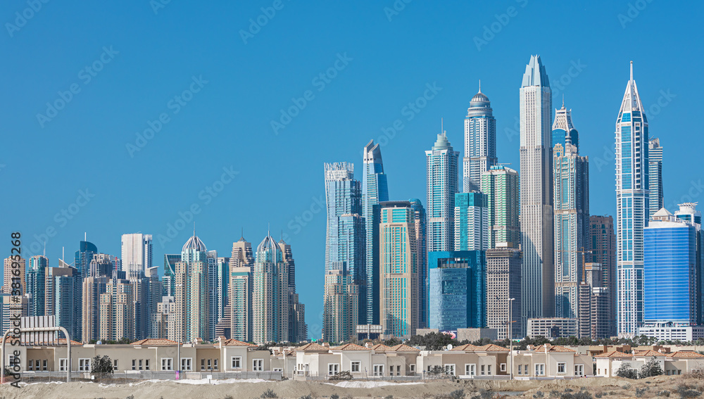 Dubai Marina skyline, yachts and famous promenade, United Arab Emirates