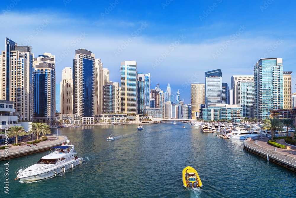 Dubai Marina skyline, yachts and famous promenade, United Arab Emirates