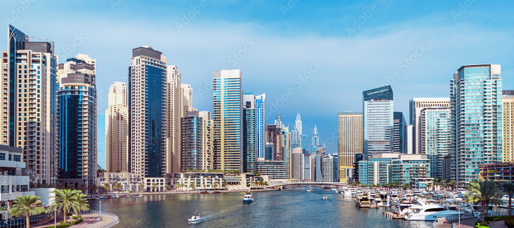 Dubai Marina skyline, yachts and famous promenade, United Arab Emirates