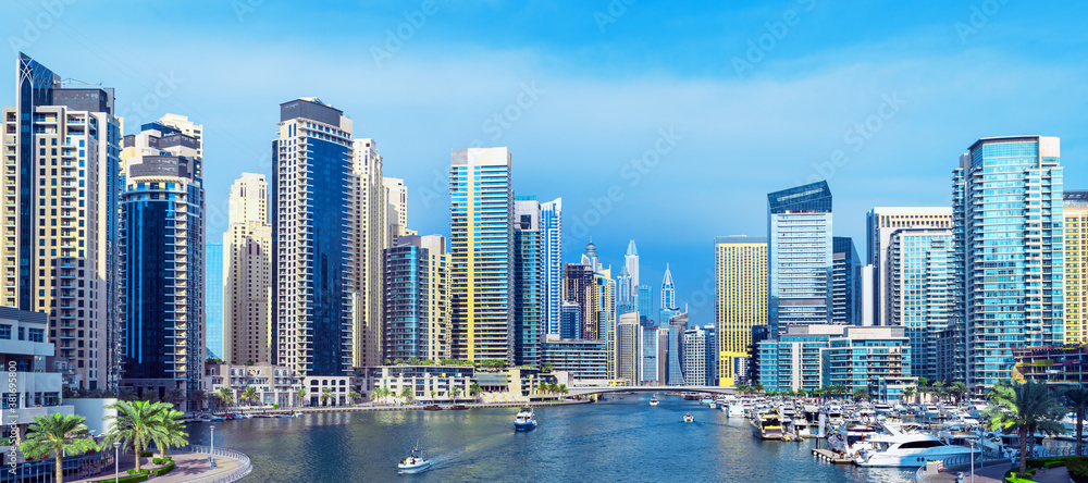 Dubai Marina skyline, yachts and famous promenade, United Arab Emirates