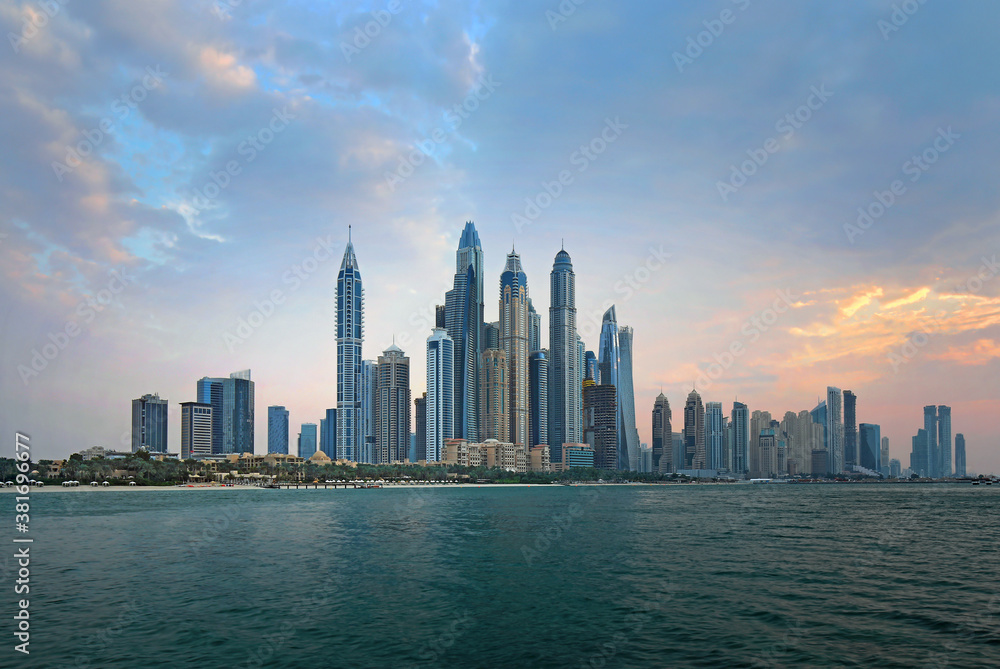 Dubai Marina skyline, yachts and famous promenade, United Arab Emirates