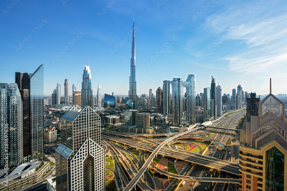 Dubai - amazing city skyline with luxury skyscrapers at sunset, United Arab Emirates