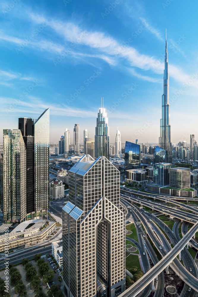 Dubai - amazing city skyline with luxury skyscrapers at sunset, United Arab Emirates