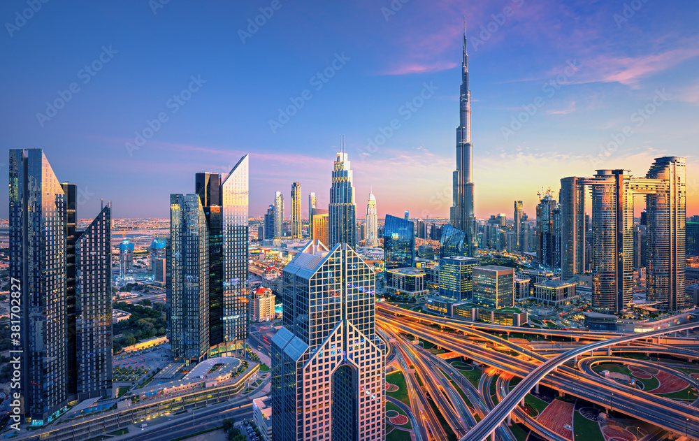 Dubai city center skyline with luxury skyscrapers, United Arab Emirates