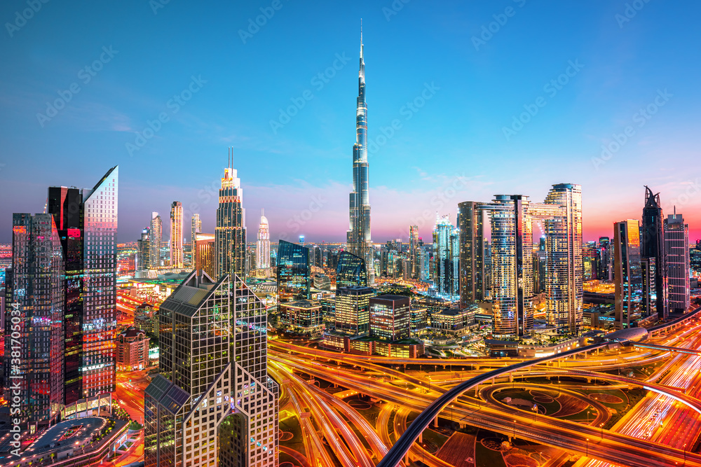 Dubai city center skyline with luxury skyscrapers, United Arab Emirates