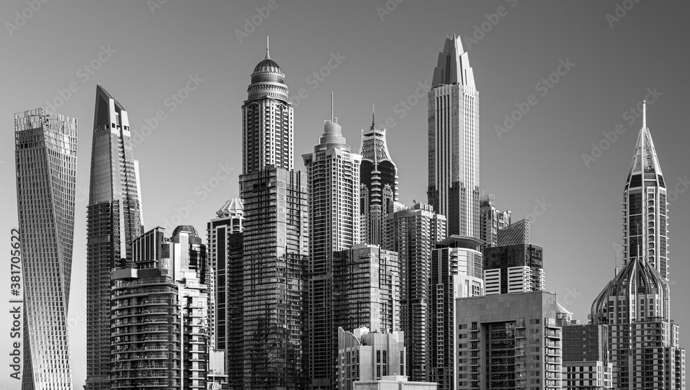 Modern and Luxury Dubai Marina - famous Jumeirah beach at sunrise, United Arab Emirates