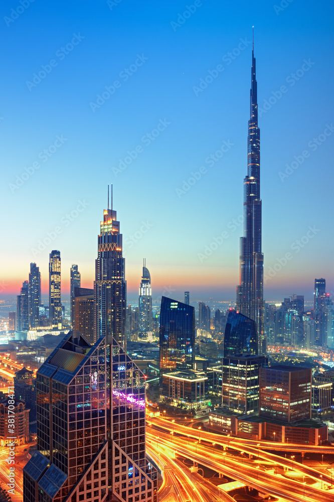 Dubai city center skyline with luxury skyscrapers, United Arab Emirates