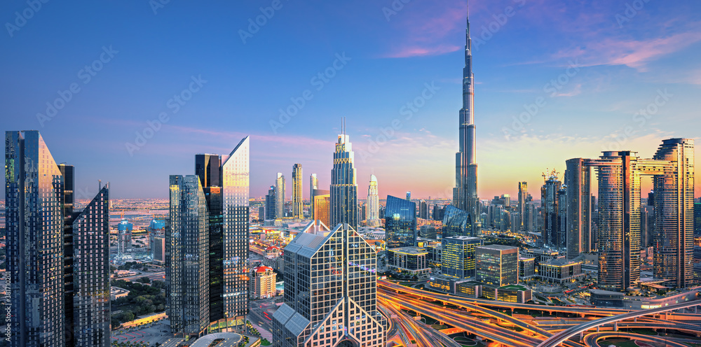 Dubai city center skyline with luxury skyscrapers, United Arab Emirates