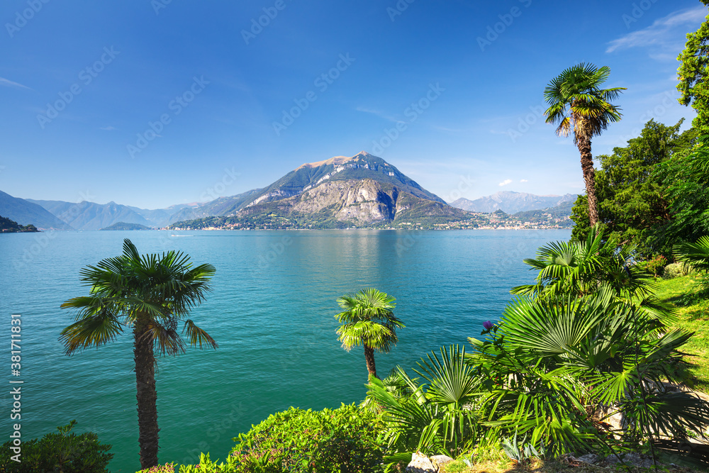 Scenic view on Verenna city in background and  Garda lake, Italy.