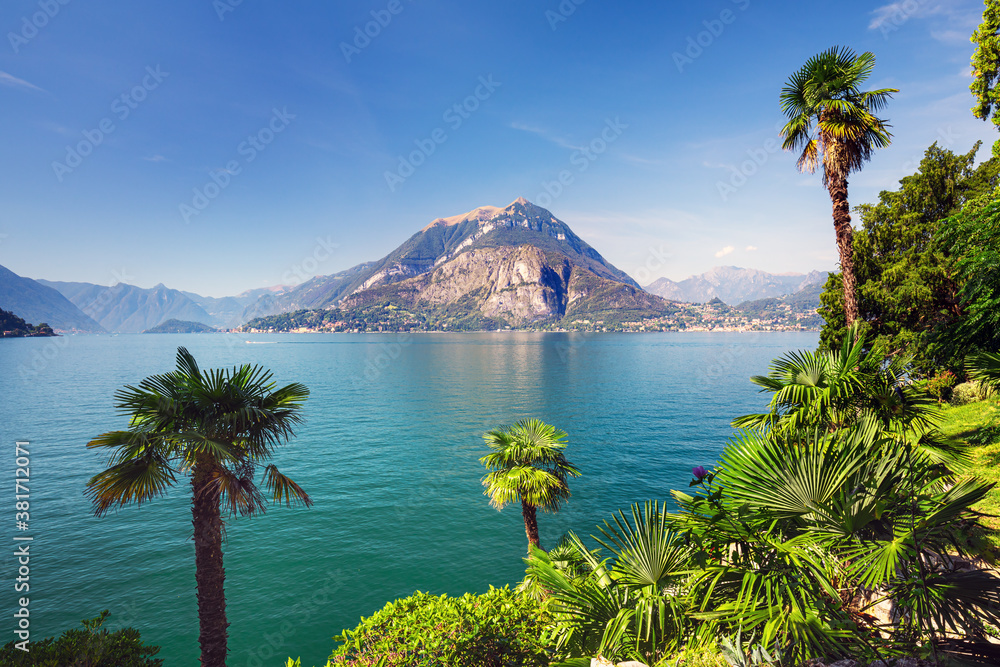 Scenic view on Verenna city in background and  Garda lake, Italy.