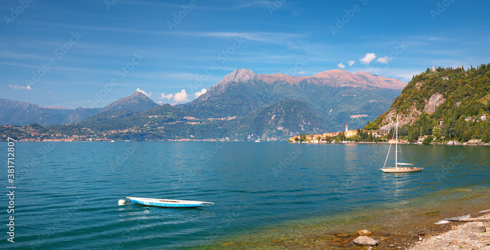 Scenic view on Verenna city in background and  Garda lake, Italy.