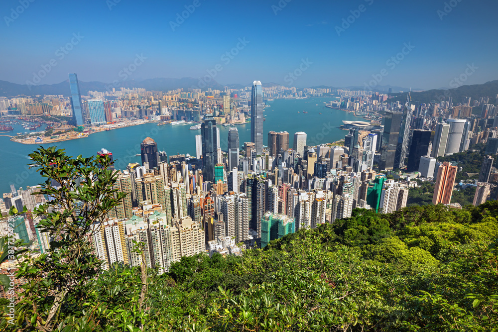 Hong Kong city - skyline from Victoria peak at sunrise, China
