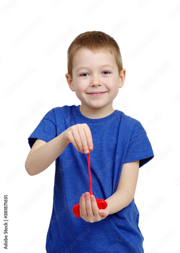 Litlle boy play with slime.