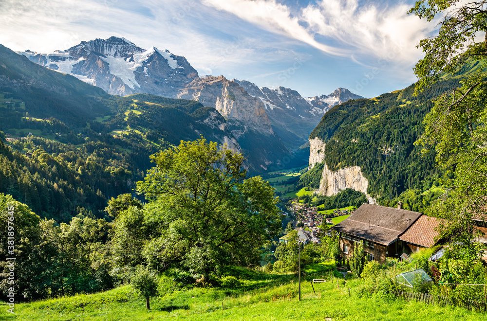 Panorama of the Lauterbrunnen valley from Wengen in the Swiss Alps