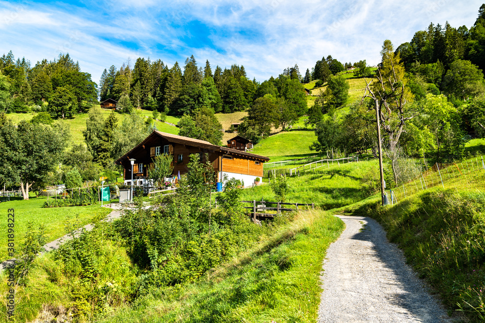 Traditional wooden houses in the mountain village of Wengen, Switzerland