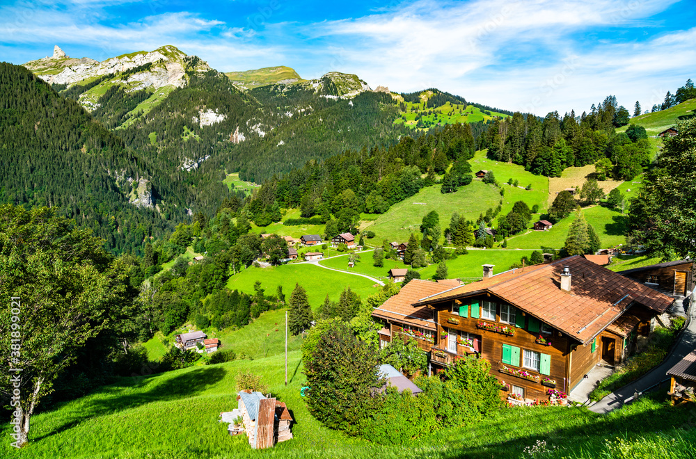 Traditional wooden houses in the mountain village of Wengen, Switzerland