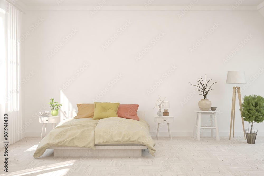 White bedroom interior. Scandinavian design. 3D illustration