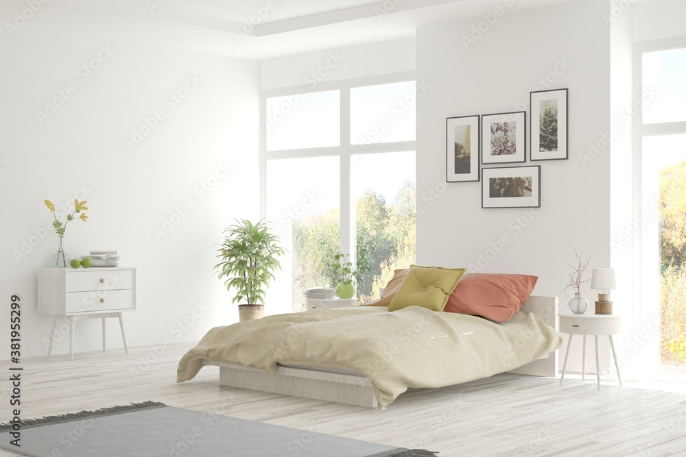 White bedroom interior. Scandinavian design. 3D illustration