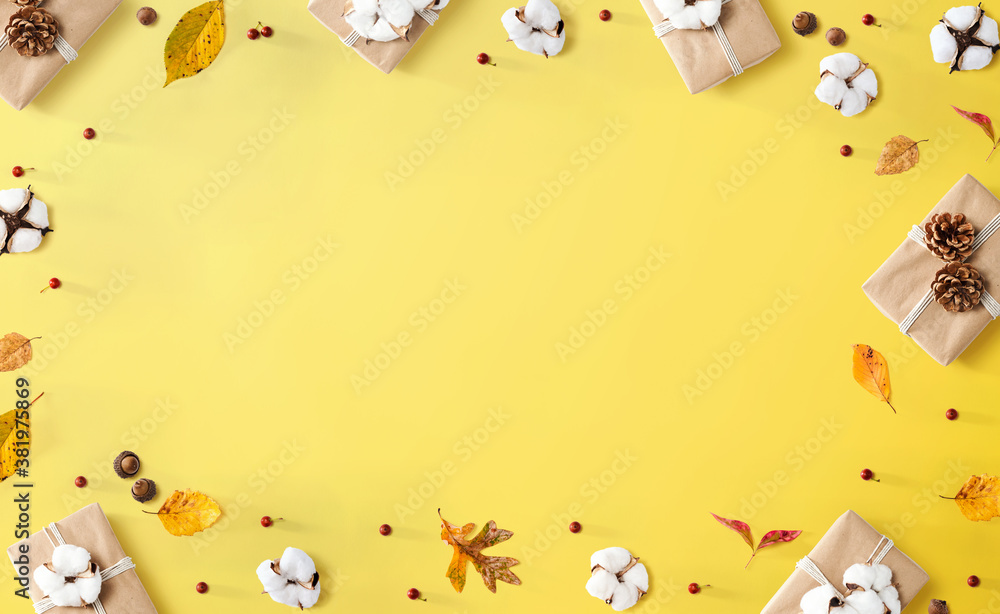 Gift boxes with autumn theme - overhead view flat lay