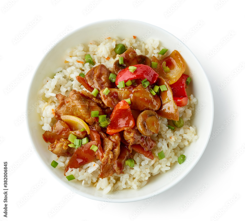 fried rice and vegetables with hot chicken sauce