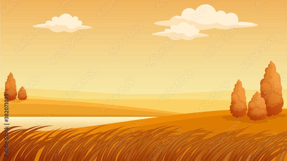 Vector illustration of autumn fields landscape with cypress trees and white clouds in the sky. Rural